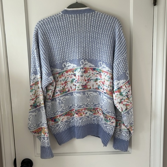 VTG 90S pastel chunky ramie cotton Blue and White Button-Up oversized Cardigan M - Picture 6 of 9